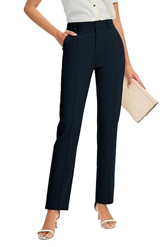 FUNYYZO Women Office Daily Pants High Waisted Work Pants Dressy Casual Straight Leg Elastic Waist Suitpants