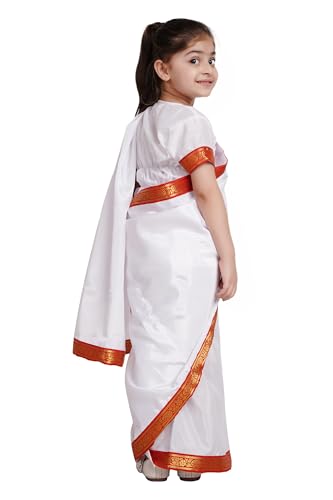 Image of Kaku Fancy Dresses Polyester Indian State Bengali Dance White Saree Costume For Kids -White & Red, 3-4 Years, For Girls