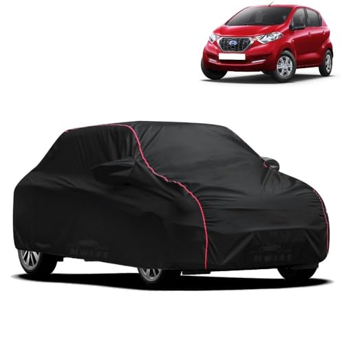 Image of Waterproof Car Cover for Datsun Redi Go | All-Weather Protection, Dustproof & UV Resistant | Triple Stitched Mirror Pockets, Windproof Buckle Strap with Elastic Hem, Black-Red Piping