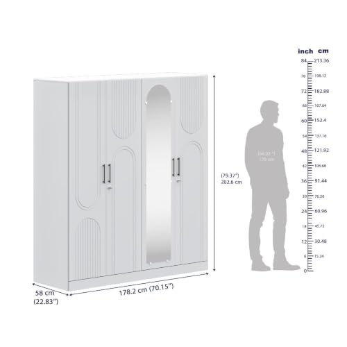 Image of Wakefit Tyrian Plus 4 Door with 4 Shelves 2 Drawers 2 Hanging Areas 1 Mirror SH3-Carcass: Frosty White,Shutter: White