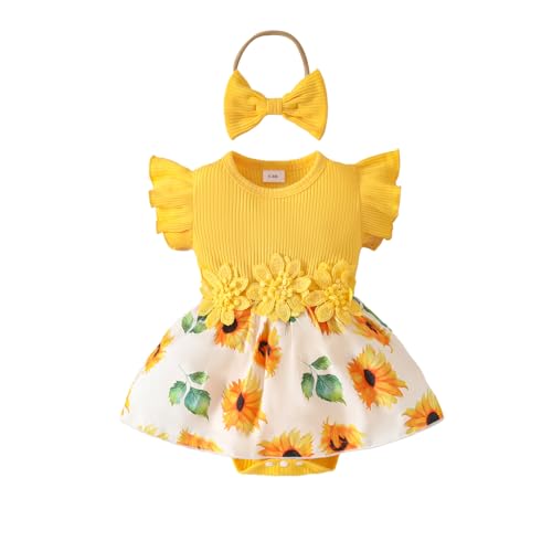 UUAISSO Ropa De Bebé Niña Tops De Manga Corta + Pantalones Cortos Con Tirantes Conjuntos Ropa De Cerano Con Diadema girasol amarillo 3-6 meses