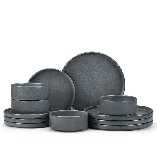 E-far Stoneware Dinnerware Sets for 4, 12-Piece Reactive Glaze Plates and Bowls Sets, Kitchen Ceramic Dishes Dinning Ware, Microwave & Dishwasher Safe, Deep Gray