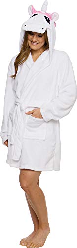 Unicorn Hooded Robe - Women's Plush Short Animal Bathrobe by Silver Lilly (White, Large)
