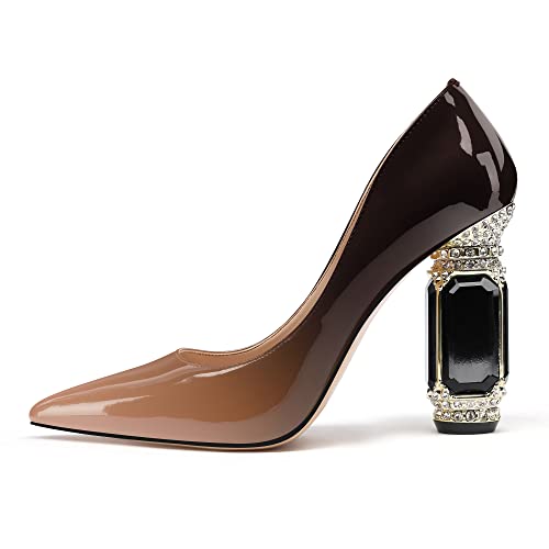 Image of JANSEVEN Women Chunky Heels Pumps Crystal Block Heels with Rhinestones Pointed Toe Sexy Gradient Patent Leather Slip on Bridal Party Wedding Dress Shoes 5-13 M US