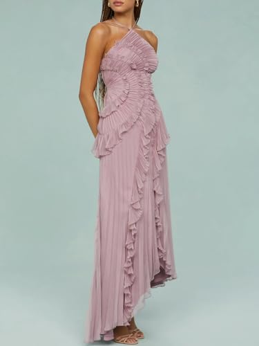 Image of Women Y2k Backless Long Dress Halter Tie Neck Maxi Dress Flowy Beach Sundress Summer Streetwear