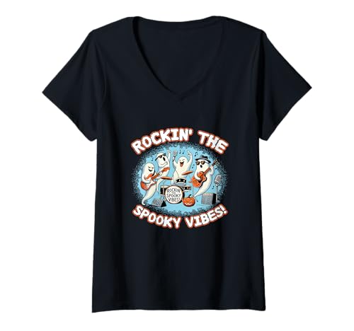 Femme Rockin' the Spooky Vibes Ghost Band pour Halloween T-Shirt avec Col en V