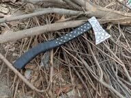 Hand-Forged Carbon Steel Viking-Style Axe with Engraved Bearded Blade and Leather-Wrapped Handle, Ideal for Camping, bushcraft, or Display.