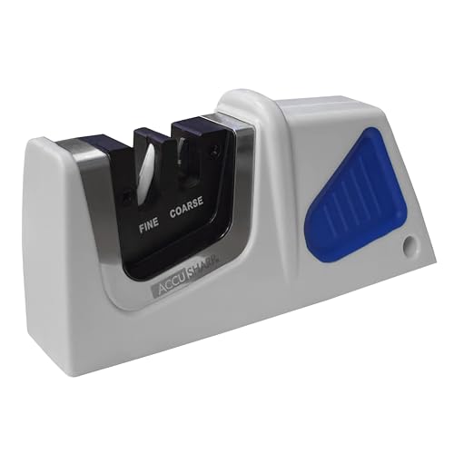 AccuSharp Compact Pull Through Knife Sharpener - Travel Sized 2 Stage Knife Sharpener for Kitchen Knives, Hunting Knives - Straight or Serrated Blades - Diamond-Honed Tungsten Carbide - White/Blue