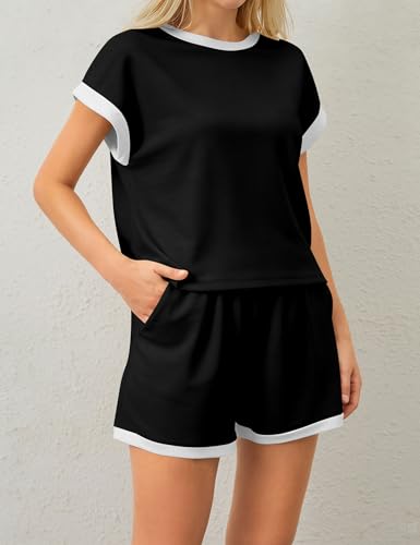 Image of MISSACTIVER 2 Piece Lounge Set Women Stripe Knit Short Sleeve Tee Shirts Shorts Casual Summer Loungewear Shorts Sets