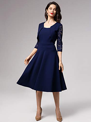 Miusol Women's Vintage Square Neck Floral Lace 2/3 Sleeve Cocktail Swing Dress, Navy Blue, Xx-Large #TOP2
