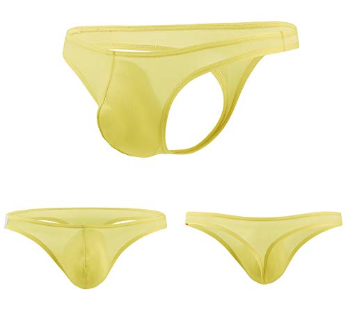 Newsywell Men's Ice Silk Thong Bikini Silky Low Rise T Back Soft Breathable Briefs Underwear Yellow Medium #TOP5