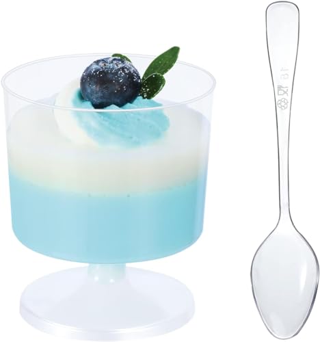 HawHawToys 100 Pack Mini Dessert Cups 2 Oz Clear Plastic Dessert Cups with Spoons,Pedestal Clear Plastic Wine Glasses Parfait Appetizer Cups Mousse Cups Serving Bowls for Tasting Party,Wedding(100)