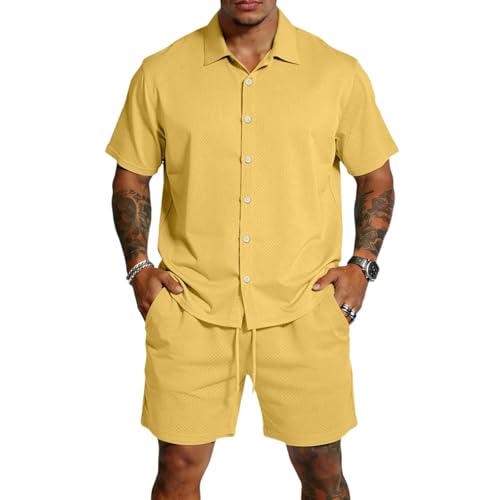 Ensemble homme short confortable contre la chaleur, tenue deux pièces jaune de plage taille M - 4
