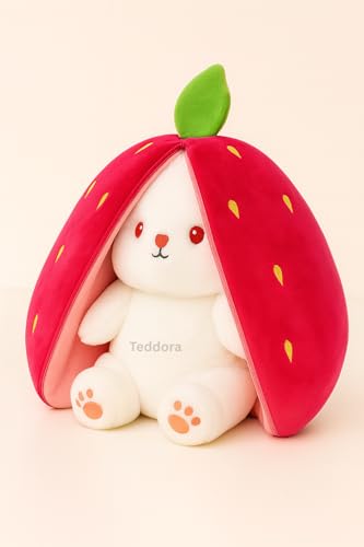 Image of Rabbit with Chain Reversible Strawberry Bunny Pink Soft Toy for Girls Boys Kids, Zipper Animal Stuffed Baby Teddy Gift Birthday, 20 cm