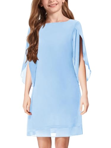 Girls Plain Dresses Flowy Sleeve Kids Teen Dress Crew Fashion Clothes Zipper Formal Outfits