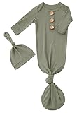 SUZEL Newborn Baby Boys Girls Knotted Gown Hat Set Soft Viscose from Bamboo Infant Sleeper Baby Sleep Gown with Mittens (Olive Green, 0-3 Months)