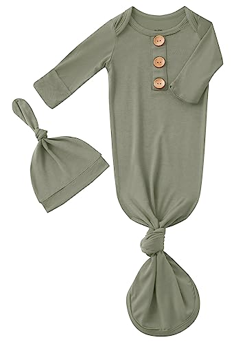 SUZEL Newborn Baby Knotted Gown Hat Set - Soft Viscose from Bamboo Infant Sleeper with Mittens, Olive Green (0-3 Months)
