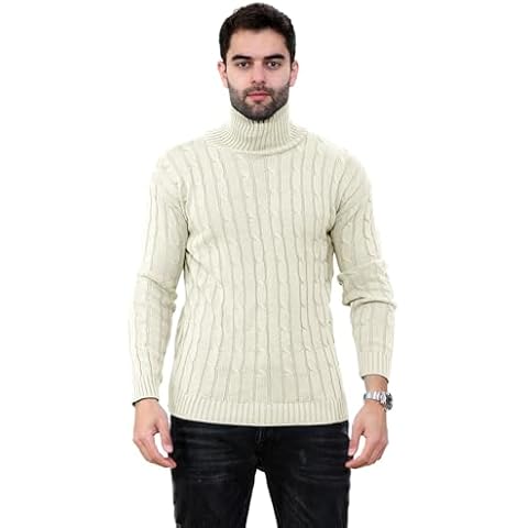 Janisramone Mens Polo Roll Neck Knitted Cable Jumper 3/4 Sleeve Casual Sweater Warm Pullover Stone Cover
