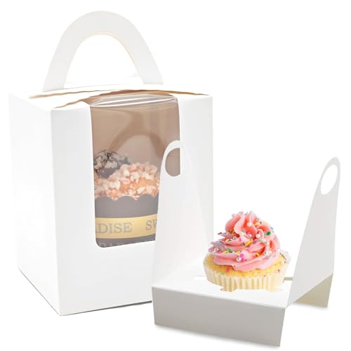 SUJIBHI 20 Pcs Individual Cupcake Boxes Single Cake Boxes with Clear Window 1 Hole Cake Box with Inserts and Handle Bakery Boxes for Wedding Birthday Party Favors (White)
