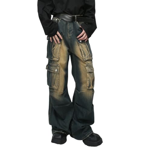 Wide Leg Vintage Denim Pants with Multi Pockets Loose Fit Cargo Jeans for Men