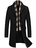 COOFANDY Men's Trench Coat Slim Fit Notched Lapel Collar Mid Long Dress Coat Winter Warm Coats with Plaid Scarf (Black M)