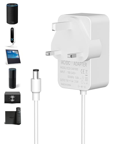 Binamao 21W Power Charger Adapter for Alexa Echo 1st Gen Echo 2nd Gen Echo Show 1st Gen Echo Plus 1st Gen Echo Look Echo Link Fire TV 2nd Gen 15V/1.4A 1.5m Plug Power Cord Charger - White