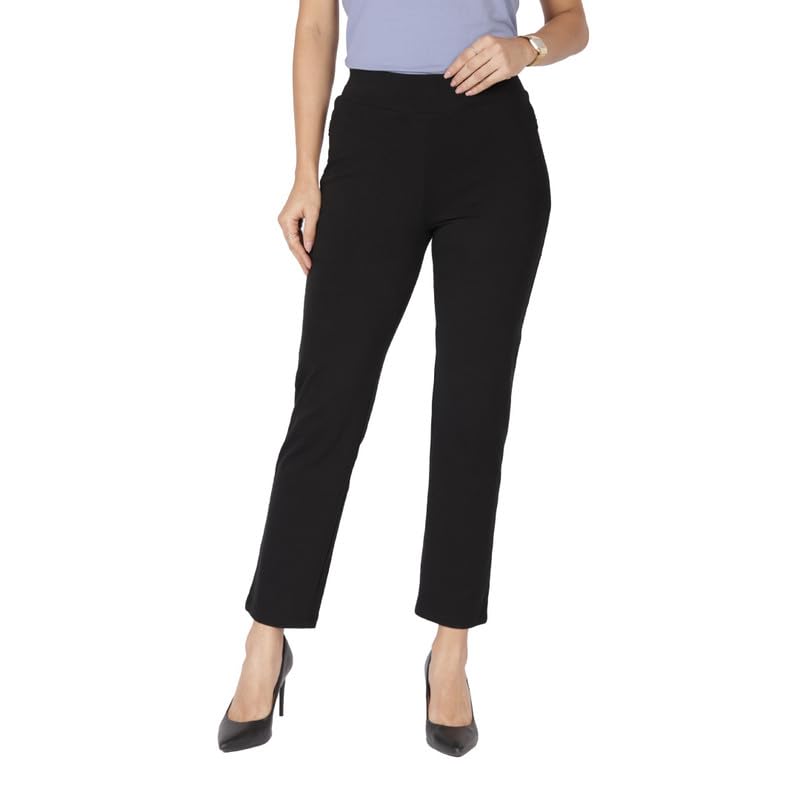 BlissClub AM PM Cotton Straight Pants for Women, Formal Trouser for Women Office Wear with High Waist, Wide Waistband and 2 Pockets,Regular Variant Below 5'4