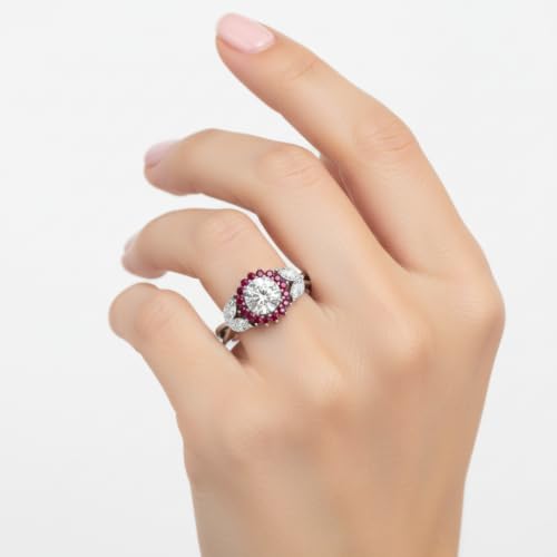 Image of 55Carat Choose Your Gemstone Flower Halo Split Shank Diamond CZ Ring Sterling Silver Round Shape Halo Engagement Rings Everyday Jewelry Wedding Jewelry Handmade Gifts for Wife US Size 4 to 12