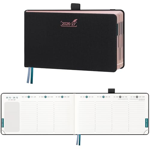 BEZEND Agenda 2026 2027 Settimanale Tascabile, 18 Mesi da Lug.26 a Dic.27, Diario Scuola Piccola 9,4 x 16,7 cm, Formato Orizzontale, Bordo in Oro Rosa, Copertina Rigida in Pelle PU, Nero