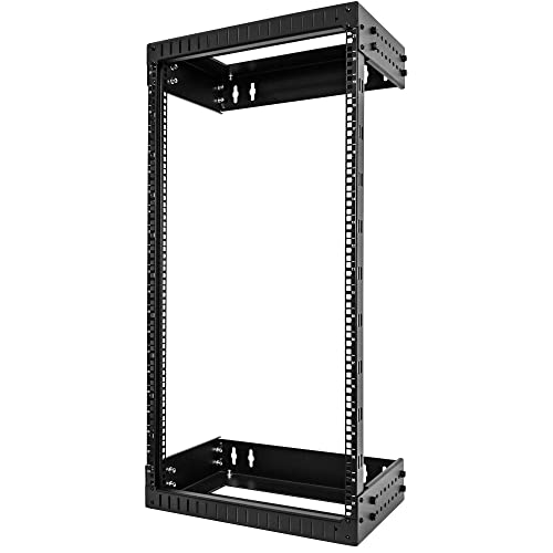 Image of StarTech 21U 2-Post Wall Mount Open Frame Rack, 19in (RACK-21U-20-WALL-OA) | Adjustable depth 12-20in, 2.0mm SPCC cold-rolled steel, M6 cage nuts and screws, Heavy-duty 90kg capacity