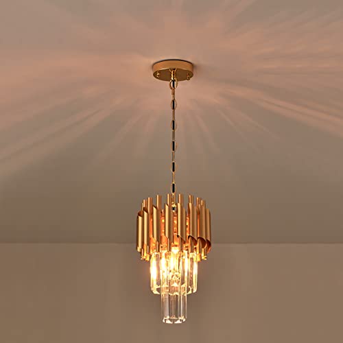 Brfaixla 1 Pack Gold Crystal Pendant Light 7.88" Modern 2-Tier Contemporary Round Crystal Hanging Ceiling Light For Dinning Room Kitchen Island Bedroom Laundry Room Foyer Entryway, E26 #TOP3