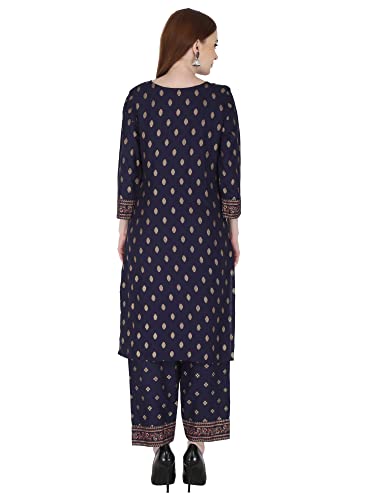 Image of Women's Rayon Printed Kurta with Palazzo Set (Small, Blue Palazzo Set)