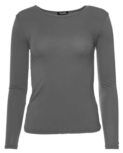 Easy Young Fashion Ladies Basic Long Sleeve Shirt Round Neck - grey - 8