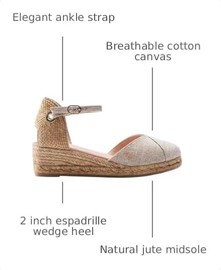 Viscata Pubol Espadrille Canvas Low Wedges with Ankle Strap Spain Handmade 2 Heel Women's Sandals with Breathable Organic Cotton Canvas and 100% Natural Jute for all Occasions: Casual, Work, Party