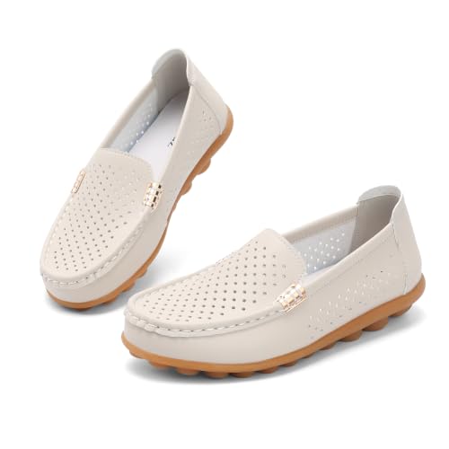 Image of Women's Comfortable & Lightweight Leather Loafers Slip-Ons Driving Walking Mocs Boat Shoes Cute Business Casual Dress Shoes Work Flats for Women