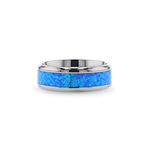 Thorsten Galaxy | Titanium Rings For Men | Lightweight Titanium | Comfort Fit | Titanium Polished Beveled Edge With Blue Green Opal Inlay - 8 Mm #TOP2