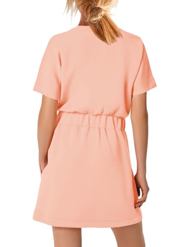 Image of SENSERISE Womens Short Sleeve T Shirt Dresses Crew Neck Solid Color Basic Smocked Waist Dress with Pockets