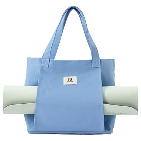Moyaqi Canvas Tote Bag with Yoga Mat Carrier Pocket Carryall Shoulder Bag for Office, Workout, Pilates, Travel, Beach and Gym LightBlue Cover