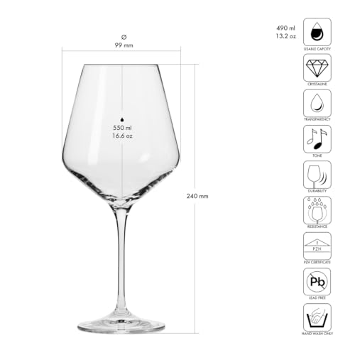 Krosno Classic Red Wine Glasses Set of 6 pieces, 16.6 oz, Avant-Garde Collection, Crystal Glass Thin Rim Long Stem Unique Elegant Premium, Dishwasher Safe, Made in Europe
