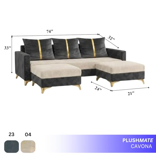 Image of Caviar 5 Seater L Shape Sofa Set with 2 Movable Ottomans | Flexible Layout | Luxury Velvet Suede Fabric | Modern Living Room Sofa | Dark Grey-Cream