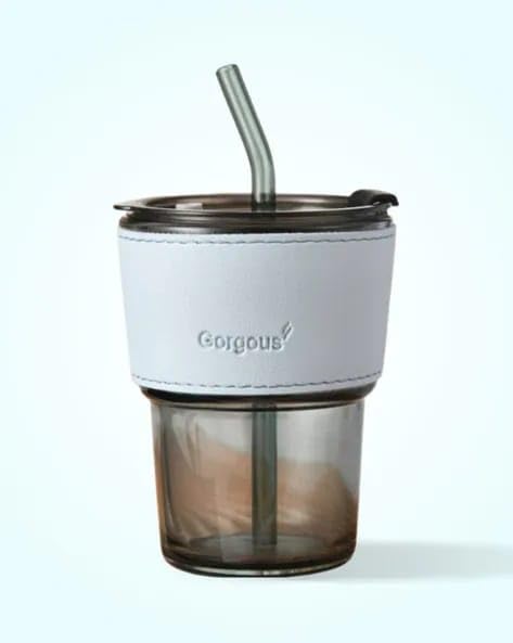 Image of Gorgeous Glass Coffee Mug with Straw and Lid, 450 ml - (Blue)