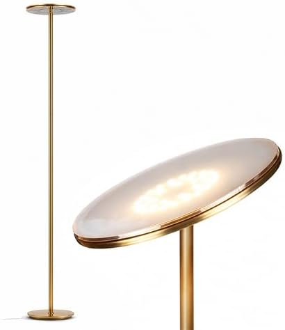 Brightech Sky LED Floor lamp, Torchiere Super Bright Floor Lamp for Living Room Decor & Office - Dimmable, Tall Standing Torch Lamp with Warm Light for Bedroom & Reading - Gold Brass