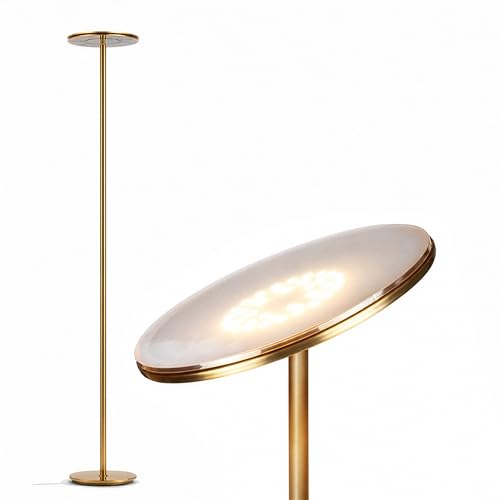 Image of Brightech Sky LED Floor lamp, Torchiere Super Bright Floor Lamp for Living Room Decor & Office - Dimmable, Tall Standing Torch Lamp with Warm Light for Bedroom & Reading - Gold Brass