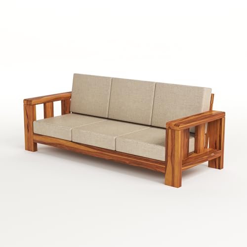 Image of Solid Sheesham Wooden 5 Seater Sofa Set for Living Room with Comfortable Cushion - Wooden Sofa Set 5 Seater for Home & Office Furniture (Honey, Haney 5 Seater 3+1+1)