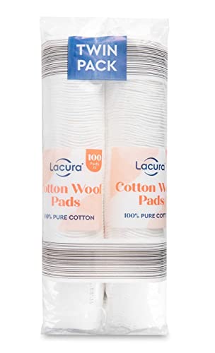 Lacura Almohadillas de lana de algodón puro, 2 x 100 unidades, sin forro polar, sin desprendimiento, 100% algodón, para eliminación de maquillaje, discos, cara, uñas, manicura