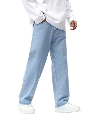 Image of HOC Straight Fit Men Light Blue Jeans | Tailored Fit | Mid-Rise Waist | Durable Cotton Blend Fabric | Contemporary Solid Finish | All-Season Wear | Style 33