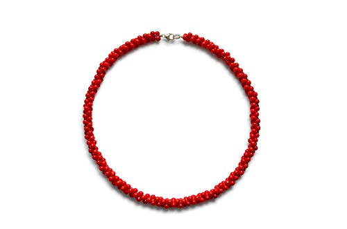 Vifaleno Collier de Corail, Corail Naturel, Rouge, haltère, 4x8mm, Argent 925/1000