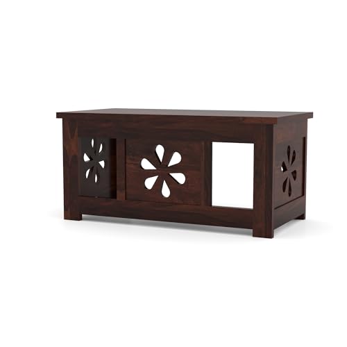 Image of Sheesham Wooden Coffee Table for Home, Office | Solid Wooden Center Table for Living Room, Meeting Room Center Tea Table, Solid Wood Sofa Side End Table in Flower- Walnut Finish