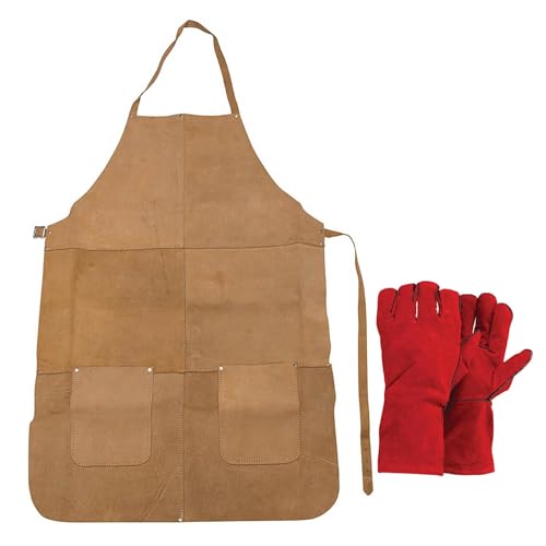 Dapetz ® Welder Apron & Gauntlet Gloves 350mm Leather Heat Resistant Apron Gauntlets For Fireproof Barbecue, Tig, Mig, Stick Welder, Forge, Fireplace, Wood Stove, BBQ, Oven