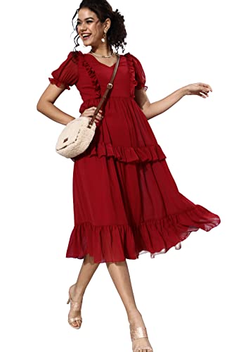Image of Miss Chase Women's Maroon V-Neck Puff Sleeve Solid Tiered Ankle-Length Dress